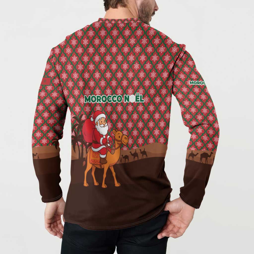 Morocco Christmas Button Sweatshirt with Santa Claus Camel Caravan Desert Scene and Red Pattern Design - Wonder Print Shop