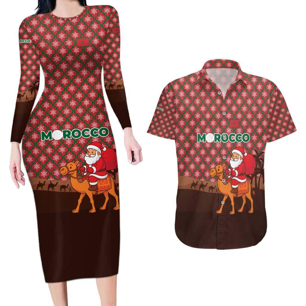 Morocco Christmas Couples Matching Long Sleeve Bodycon Dress and Hawaiian Shirt with Santa Claus Camel Caravan Desert Scene and Red Pattern Design - Wonder Print Shop
