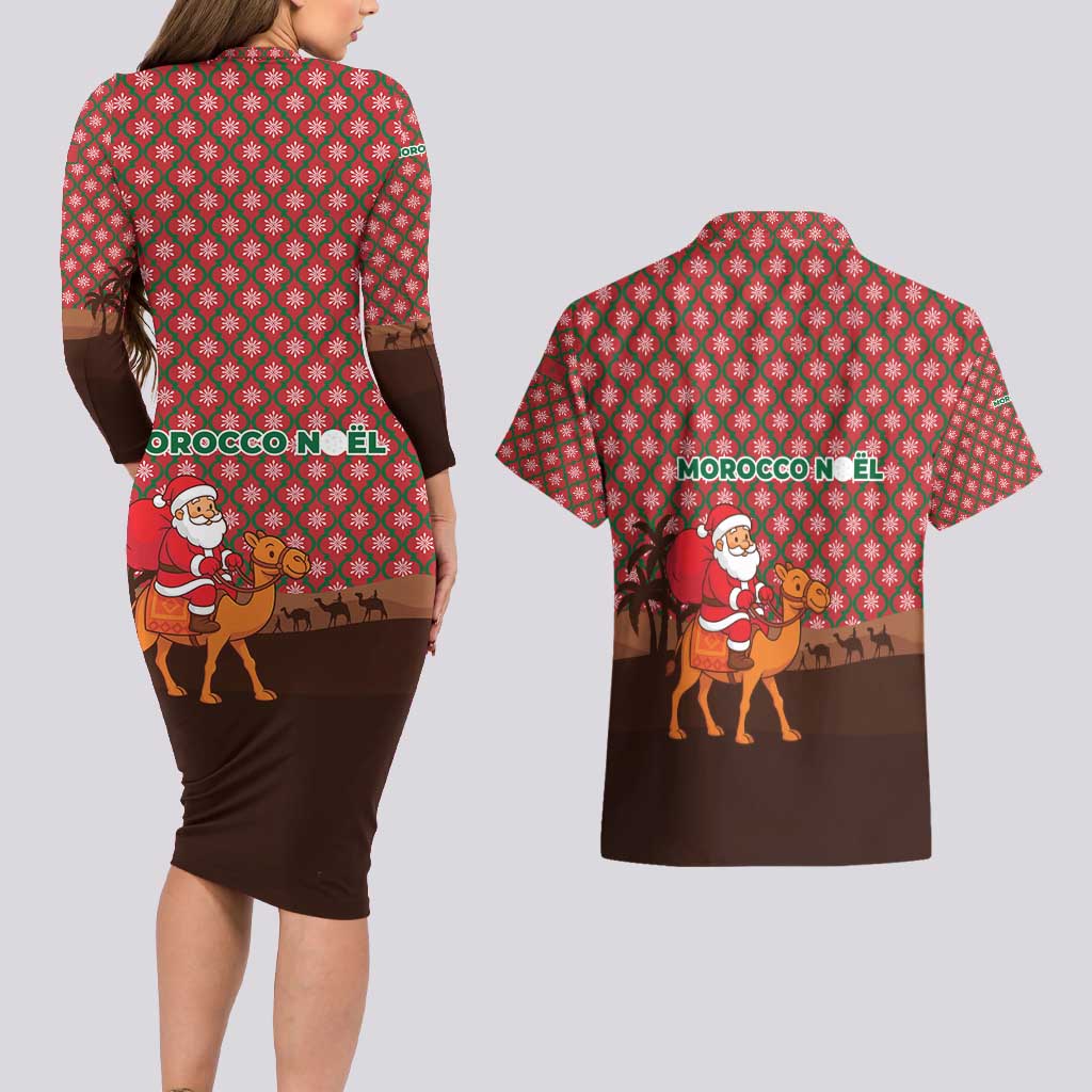 Morocco Christmas Couples Matching Long Sleeve Bodycon Dress and Hawaiian Shirt with Santa Claus Camel Caravan Desert Scene and Red Pattern Design - Wonder Print Shop