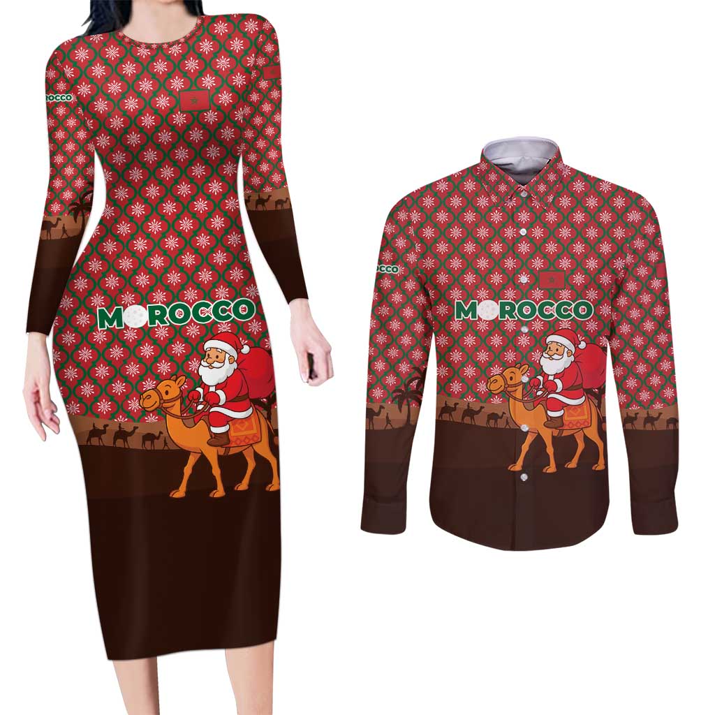 Morocco Christmas Couples Matching Long Sleeve Bodycon Dress and Long Sleeve Button Shirt with Santa Claus Camel Caravan Desert Scene and Red Pattern Design - Wonder Print Shop