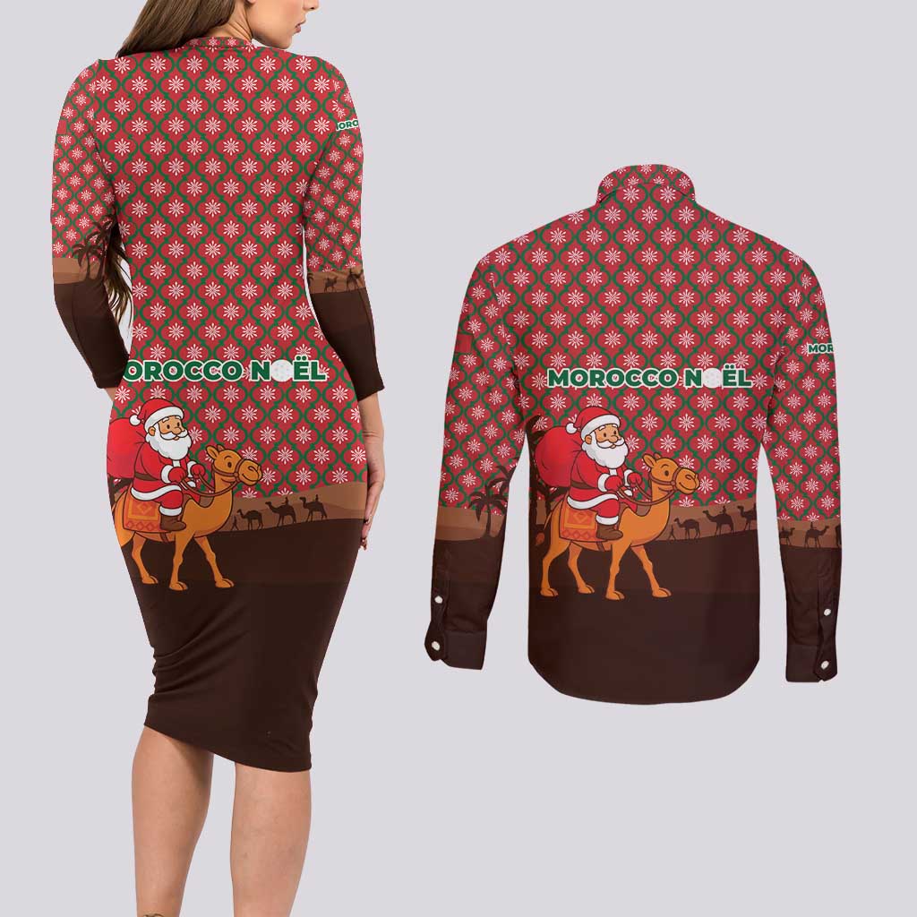 Morocco Christmas Couples Matching Long Sleeve Bodycon Dress and Long Sleeve Button Shirt with Santa Claus Camel Caravan Desert Scene and Red Pattern Design - Wonder Print Shop