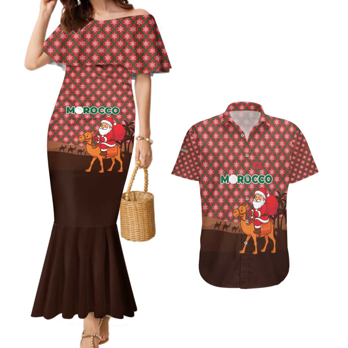 Morocco Christmas Couples Matching Mermaid Dress and Hawaiian Shirt with Santa Claus Camel Caravan Desert Scene and Red Pattern Design - Wonder Print Shop