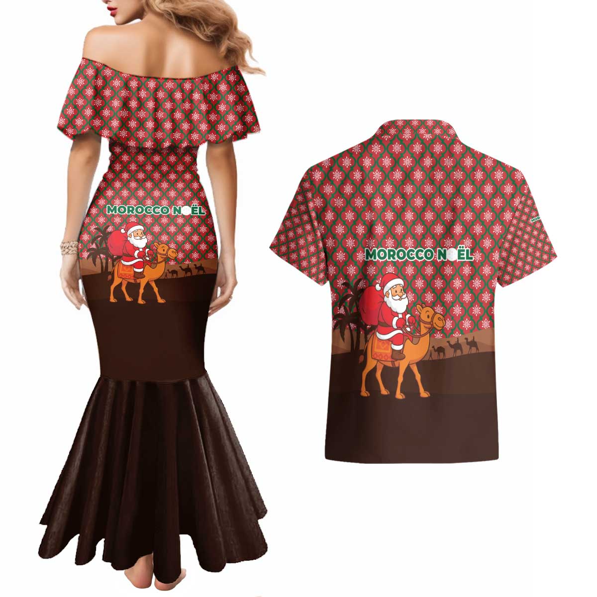 Morocco Christmas Couples Matching Mermaid Dress and Hawaiian Shirt with Santa Claus Camel Caravan Desert Scene and Red Pattern Design - Wonder Print Shop