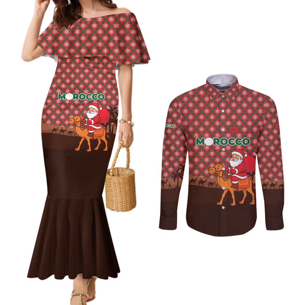 Morocco Christmas Couples Matching Mermaid Dress and Long Sleeve Button Shirt with Santa Claus Camel Caravan Desert Scene and Red Pattern Design - Wonder Print Shop