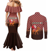 Morocco Christmas Couples Matching Mermaid Dress and Long Sleeve Button Shirt with Santa Claus Camel Caravan Desert Scene and Red Pattern Design - Wonder Print Shop