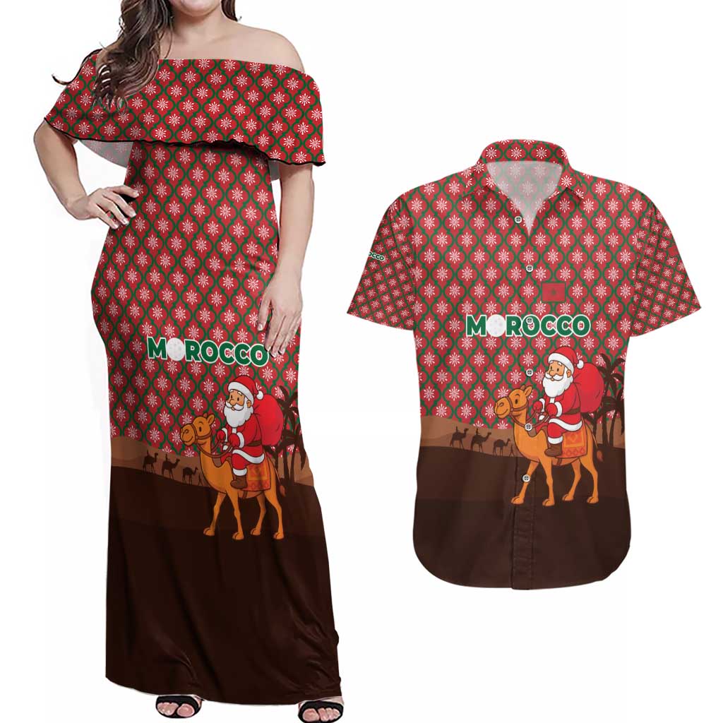 Morocco Christmas Couples Matching Off Shoulder Maxi Dress and Hawaiian Shirt with Santa Claus Camel Caravan Desert Scene and Red Pattern Design - Wonder Print Shop