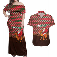 Morocco Christmas Couples Matching Off Shoulder Maxi Dress and Hawaiian Shirt with Santa Claus Camel Caravan Desert Scene and Red Pattern Design - Wonder Print Shop