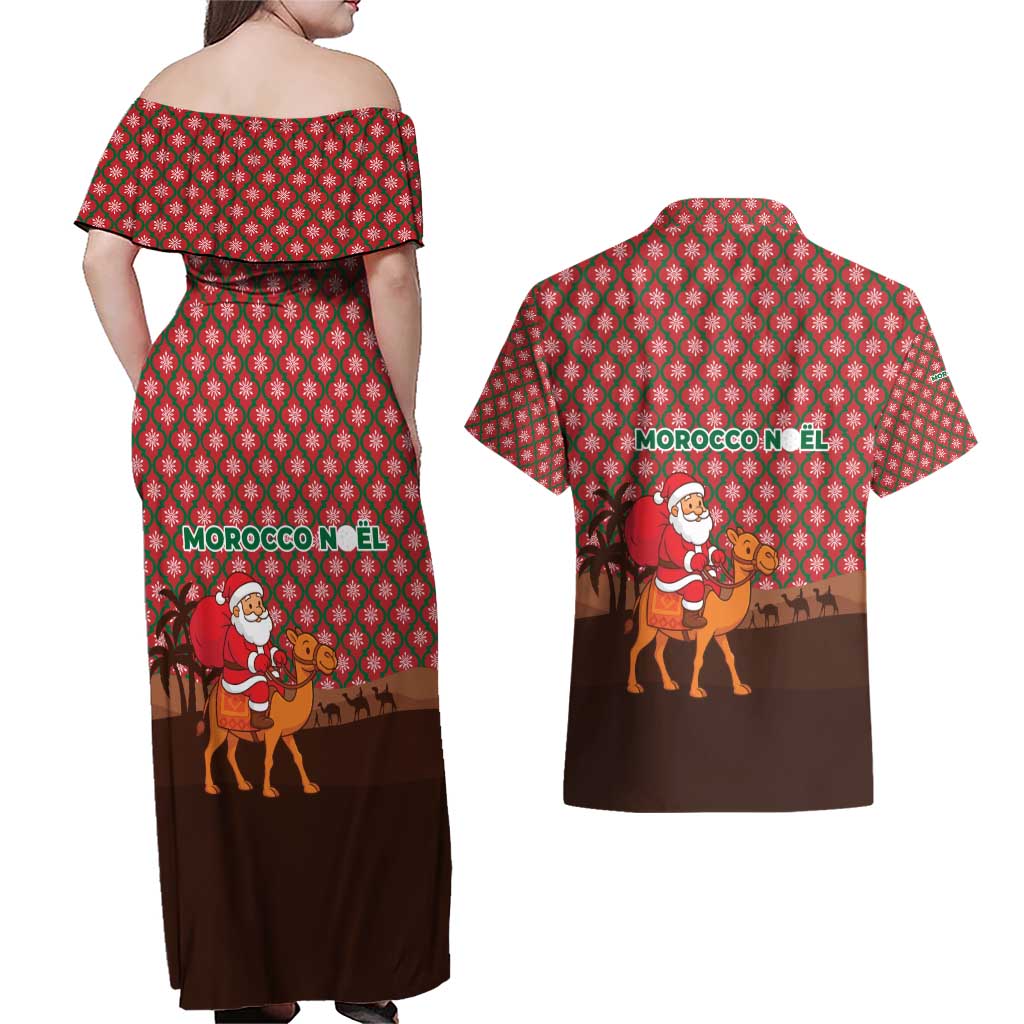 Morocco Christmas Couples Matching Off Shoulder Maxi Dress and Hawaiian Shirt with Santa Claus Camel Caravan Desert Scene and Red Pattern Design - Wonder Print Shop