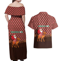Morocco Christmas Couples Matching Off Shoulder Maxi Dress and Hawaiian Shirt with Santa Claus Camel Caravan Desert Scene and Red Pattern Design - Wonder Print Shop