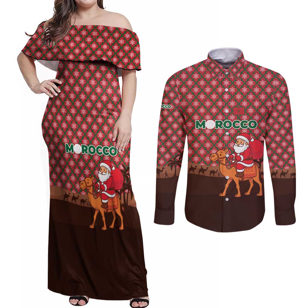 Morocco Christmas Couples Matching Off Shoulder Maxi Dress and Long Sleeve Button Shirt with Santa Claus Camel Caravan Desert Scene and Red Pattern Design - Wonder Print Shop