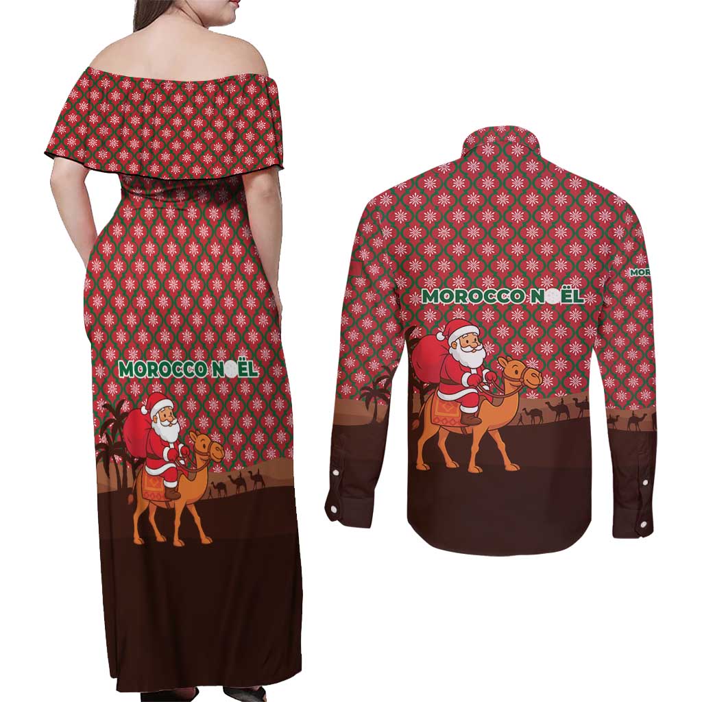 Morocco Christmas Couples Matching Off Shoulder Maxi Dress and Long Sleeve Button Shirt with Santa Claus Camel Caravan Desert Scene and Red Pattern Design - Wonder Print Shop