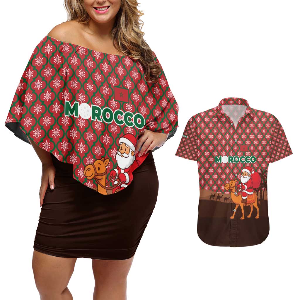Morocco Christmas Couples Matching Off Shoulder Short Dress and Hawaiian Shirt with Santa Claus Camel Caravan Desert Scene and Red Pattern Design - Wonder Print Shop