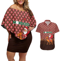 Morocco Christmas Couples Matching Off Shoulder Short Dress and Hawaiian Shirt with Santa Claus Camel Caravan Desert Scene and Red Pattern Design - Wonder Print Shop