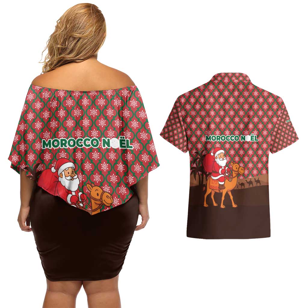 Morocco Christmas Couples Matching Off Shoulder Short Dress and Hawaiian Shirt with Santa Claus Camel Caravan Desert Scene and Red Pattern Design - Wonder Print Shop
