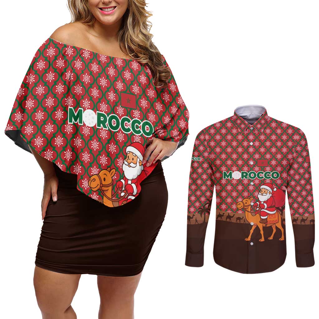 Morocco Christmas Couples Matching Off Shoulder Short Dress and Long Sleeve Button Shirt with Santa Claus Camel Caravan Desert Scene and Red Pattern Design - Wonder Print Shop