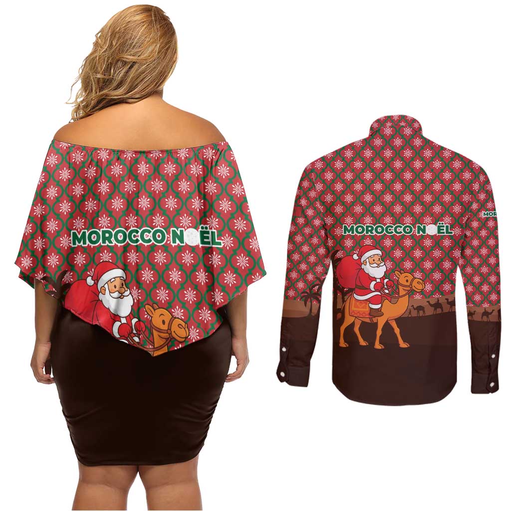 Morocco Christmas Couples Matching Off Shoulder Short Dress and Long Sleeve Button Shirt with Santa Claus Camel Caravan Desert Scene and Red Pattern Design - Wonder Print Shop