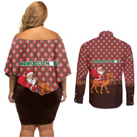 Morocco Christmas Couples Matching Off Shoulder Short Dress and Long Sleeve Button Shirt with Santa Claus Camel Caravan Desert Scene and Red Pattern Design - Wonder Print Shop