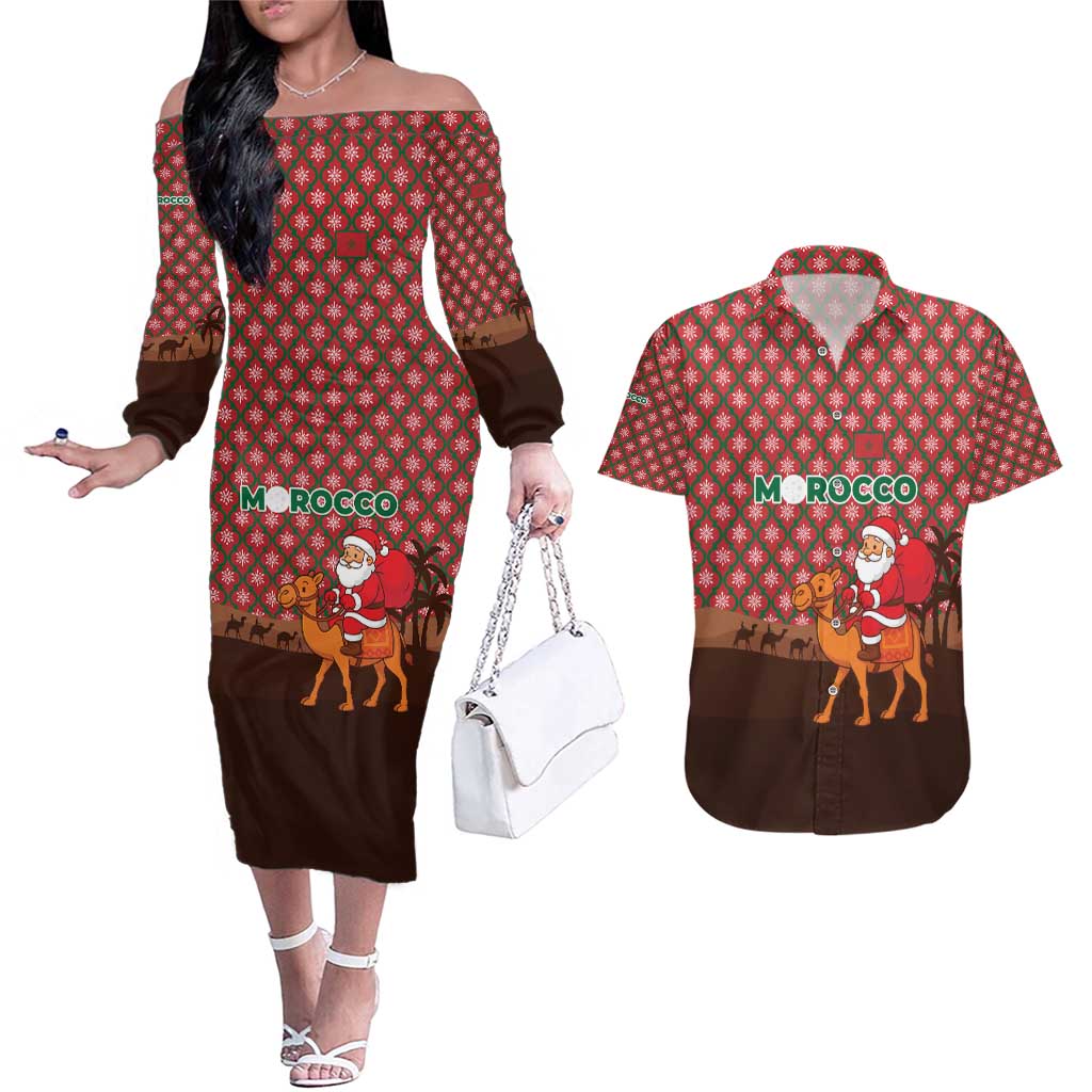 Morocco Christmas Couples Matching Off The Shoulder Long Sleeve Dress and Hawaiian Shirt with Santa Claus Camel Caravan Desert Scene and Red Pattern Design - Wonder Print Shop