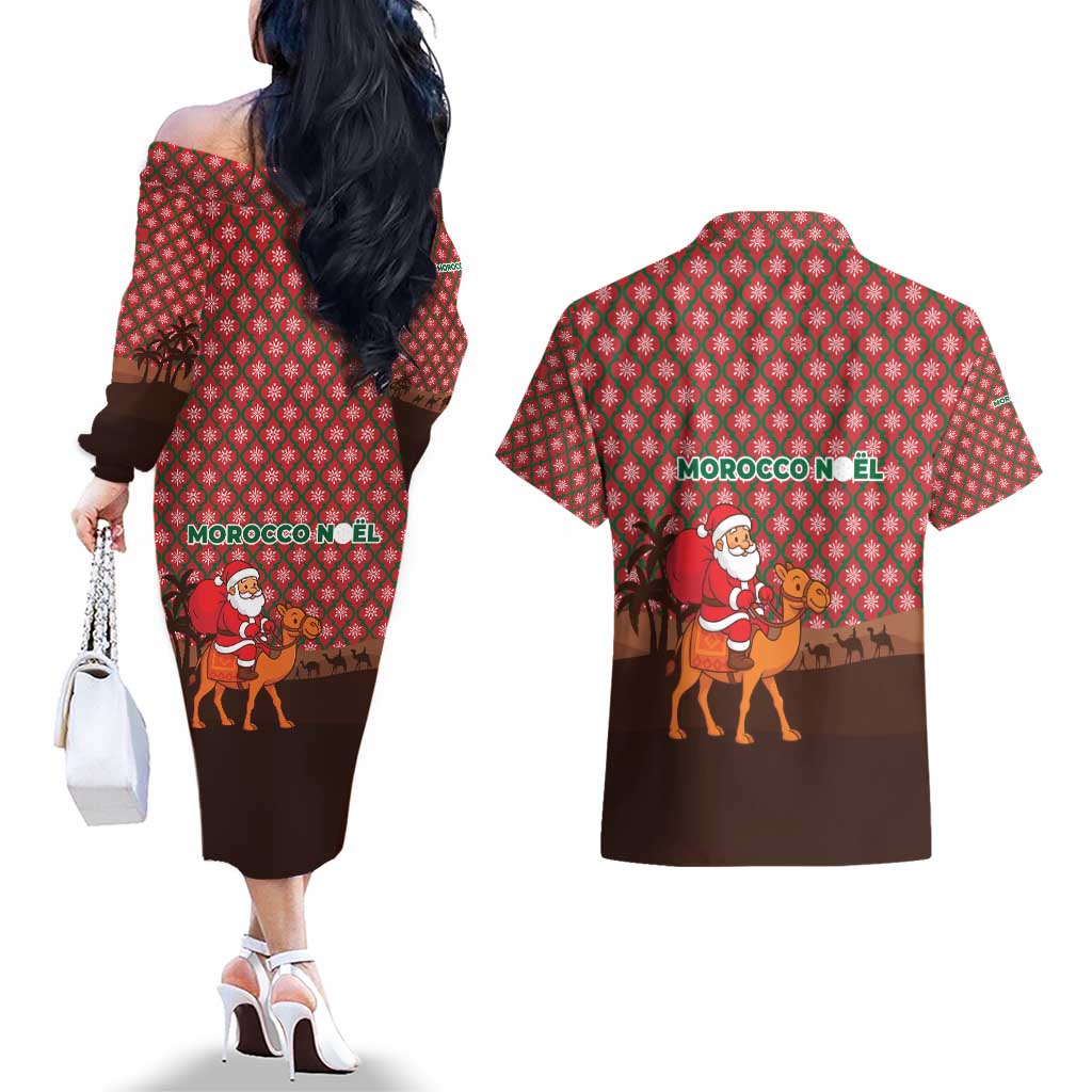 Morocco Christmas Couples Matching Off The Shoulder Long Sleeve Dress and Hawaiian Shirt with Santa Claus Camel Caravan Desert Scene and Red Pattern Design - Wonder Print Shop