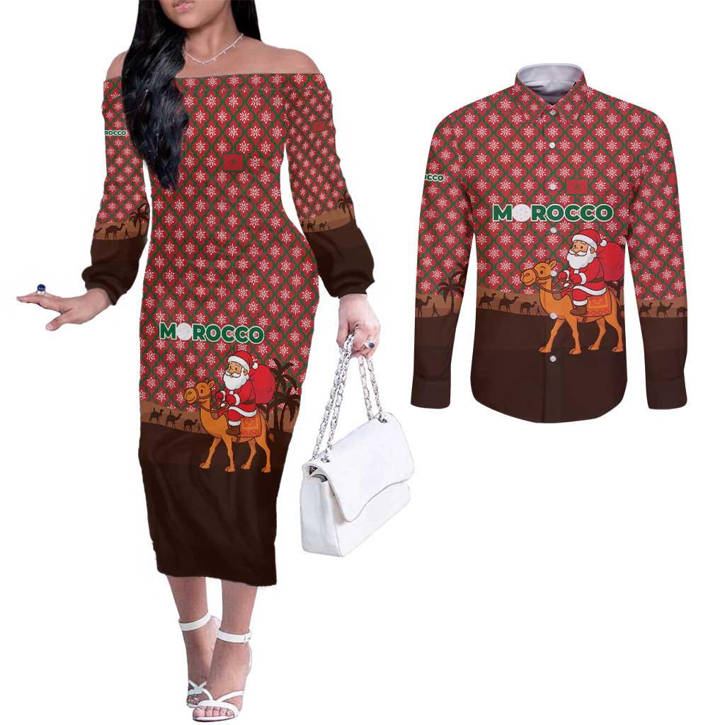 Morocco Christmas Couples Matching Off The Shoulder Long Sleeve Dress and Long Sleeve Button Shirt with Santa Claus Camel Caravan Desert Scene and Red Pattern Design - Wonder Print Shop