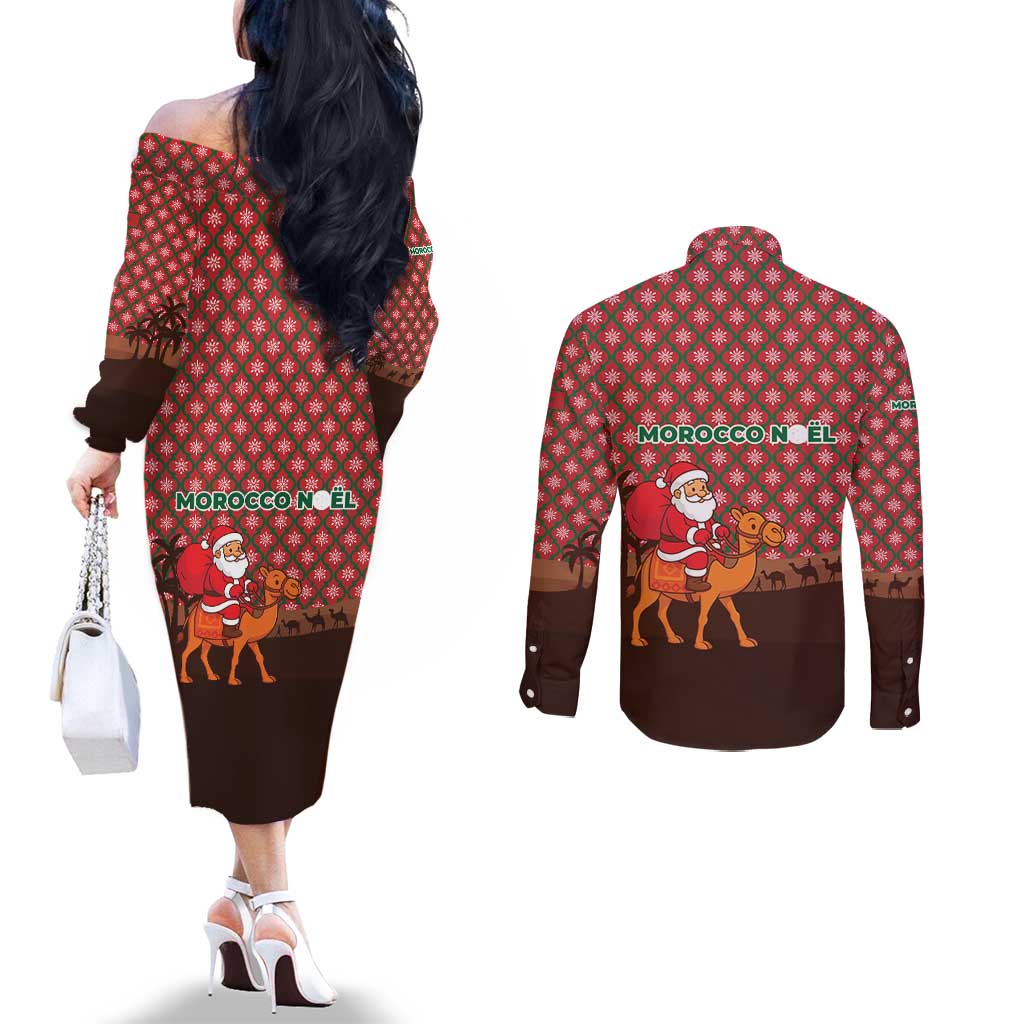 Morocco Christmas Couples Matching Off The Shoulder Long Sleeve Dress and Long Sleeve Button Shirt with Santa Claus Camel Caravan Desert Scene and Red Pattern Design - Wonder Print Shop