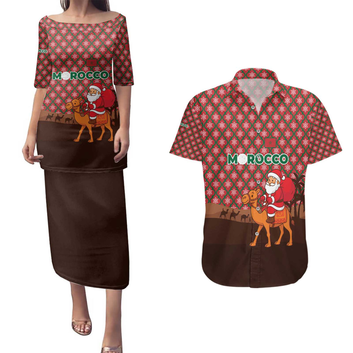 Morocco Christmas Couples Matching Puletasi and Hawaiian Shirt with Santa Claus Camel Caravan Desert Scene and Red Pattern Design - Wonder Print Shop