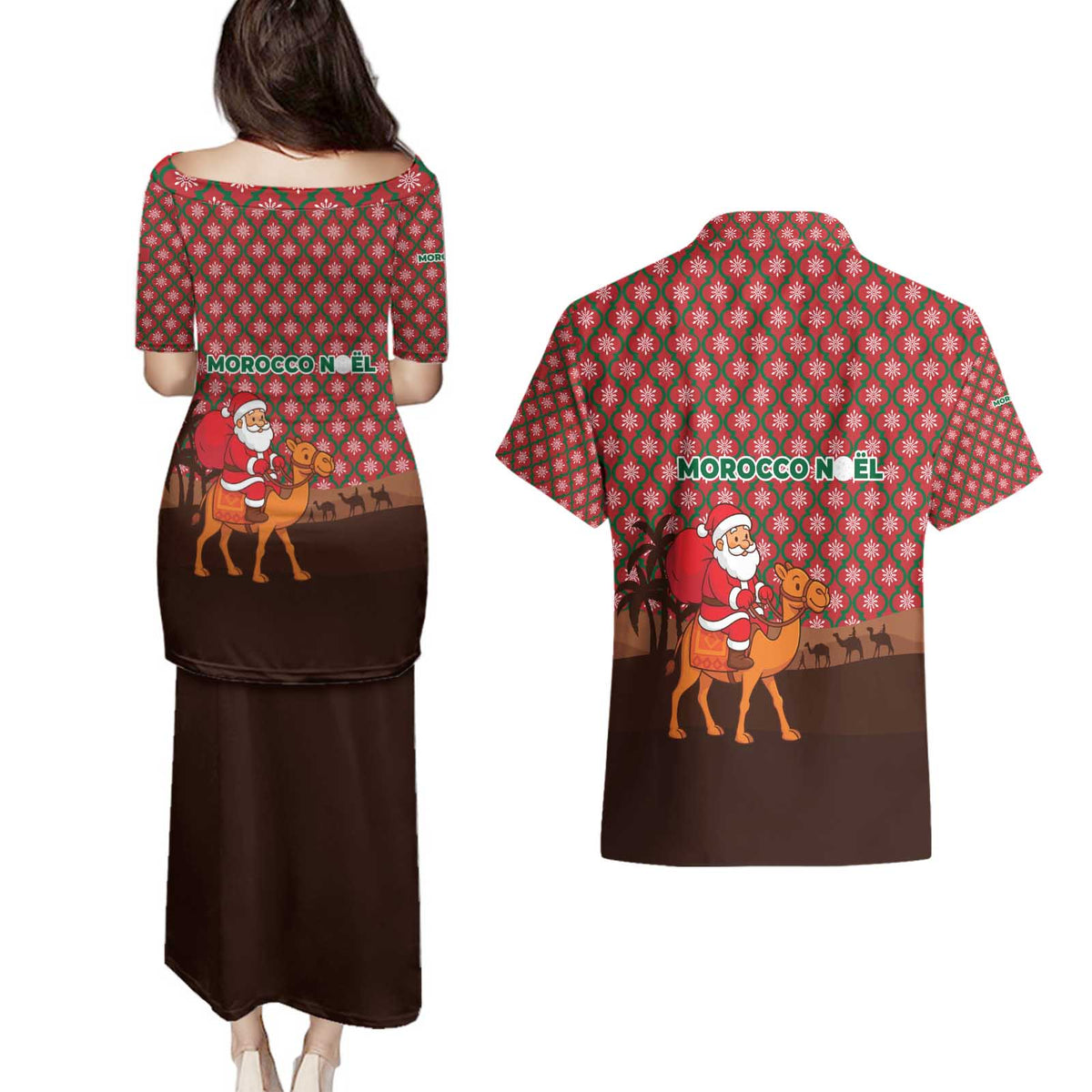 Morocco Christmas Couples Matching Puletasi and Hawaiian Shirt with Santa Claus Camel Caravan Desert Scene and Red Pattern Design - Wonder Print Shop