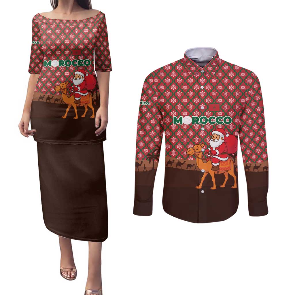 Morocco Christmas Couples Matching Puletasi and Long Sleeve Button Shirt with Santa Claus Camel Caravan Desert Scene and Red Pattern Design - Wonder Print Shop