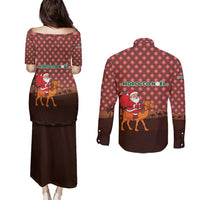 Morocco Christmas Couples Matching Puletasi and Long Sleeve Button Shirt with Santa Claus Camel Caravan Desert Scene and Red Pattern Design - Wonder Print Shop
