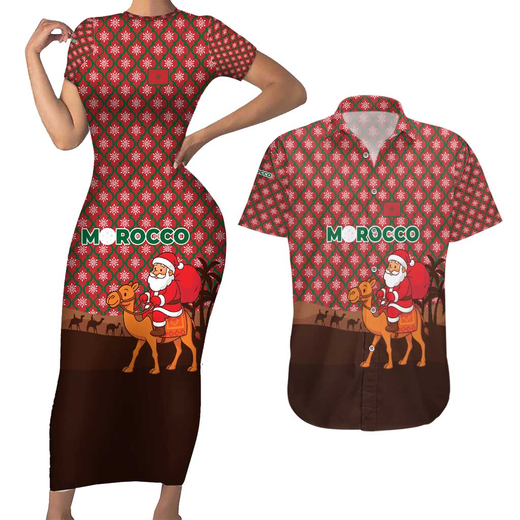Morocco Christmas Couples Matching Short Sleeve Bodycon Dress and Hawaiian Shirt with Santa Claus Camel Caravan Desert Scene and Red Pattern Design - Wonder Print Shop