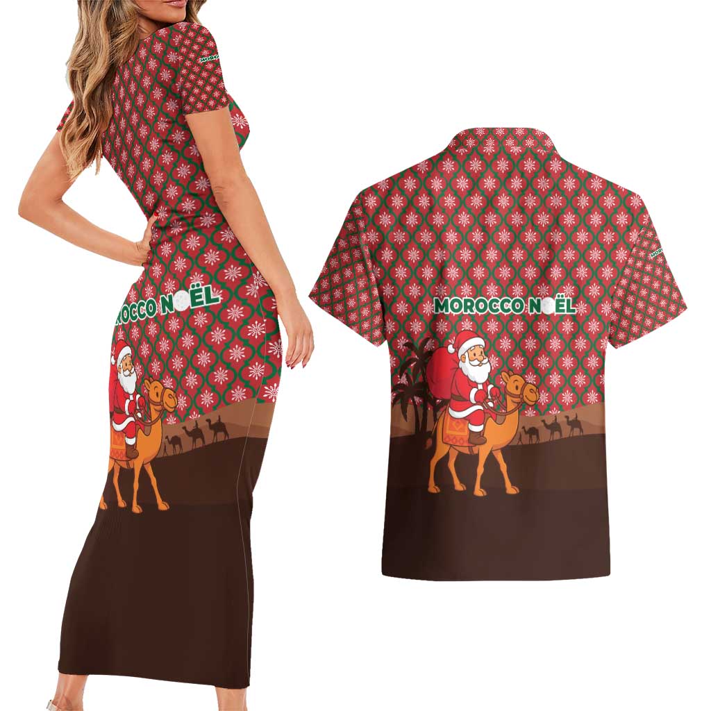 Morocco Christmas Couples Matching Short Sleeve Bodycon Dress and Hawaiian Shirt with Santa Claus Camel Caravan Desert Scene and Red Pattern Design - Wonder Print Shop