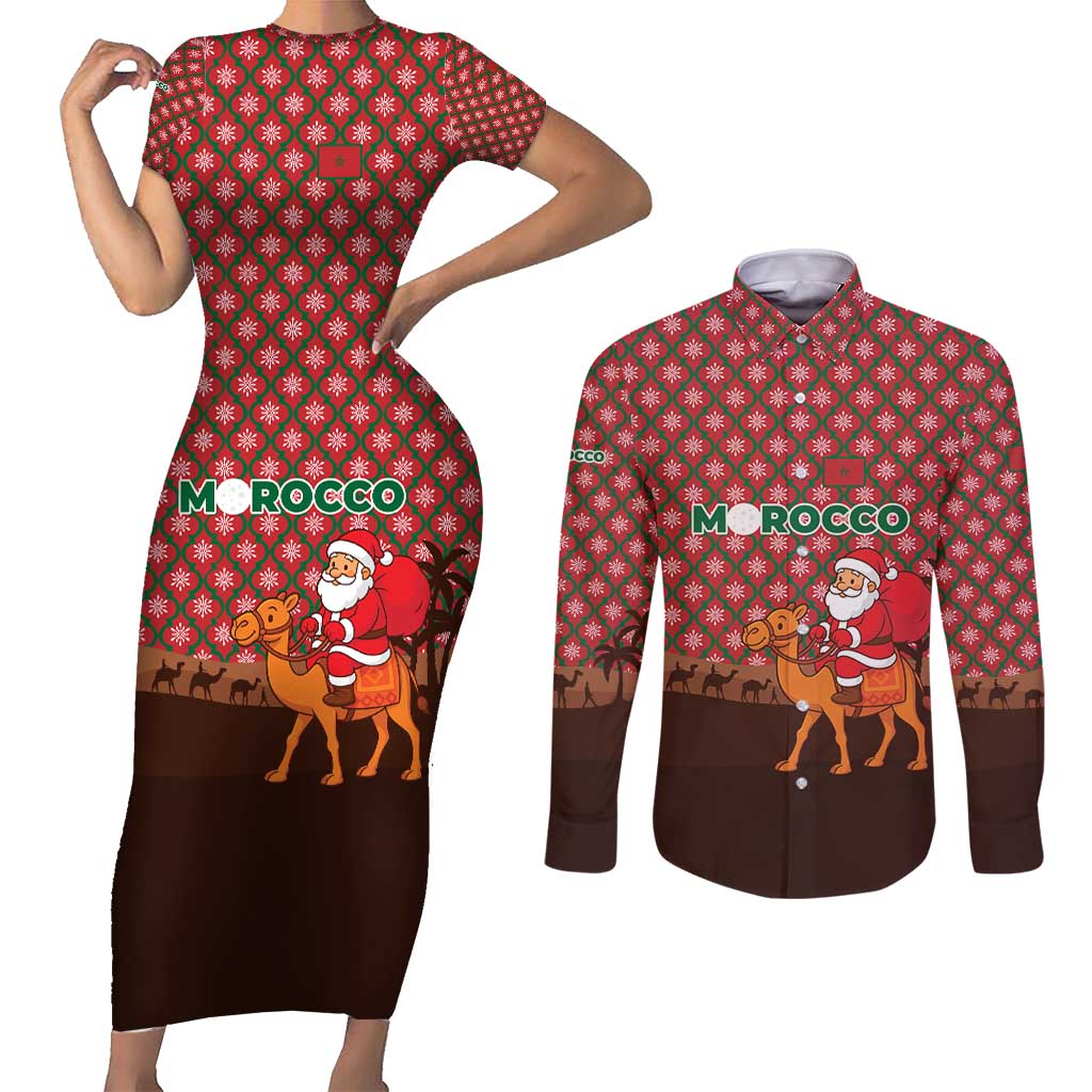 Morocco Christmas Couples Matching Short Sleeve Bodycon Dress and Long Sleeve Button Shirt with Santa Claus Camel Caravan Desert Scene and Red Pattern Design - Wonder Print Shop