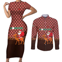 Morocco Christmas Couples Matching Short Sleeve Bodycon Dress and Long Sleeve Button Shirt with Santa Claus Camel Caravan Desert Scene and Red Pattern Design - Wonder Print Shop