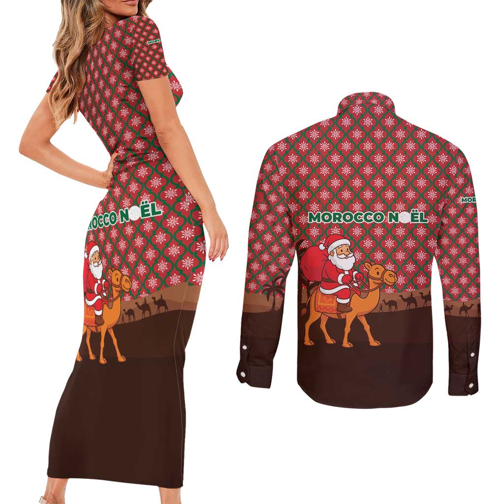 Morocco Christmas Couples Matching Short Sleeve Bodycon Dress and Long Sleeve Button Shirt with Santa Claus Camel Caravan Desert Scene and Red Pattern Design - Wonder Print Shop
