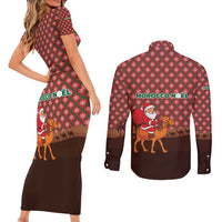 Morocco Christmas Couples Matching Short Sleeve Bodycon Dress and Long Sleeve Button Shirt with Santa Claus Camel Caravan Desert Scene and Red Pattern Design - Wonder Print Shop