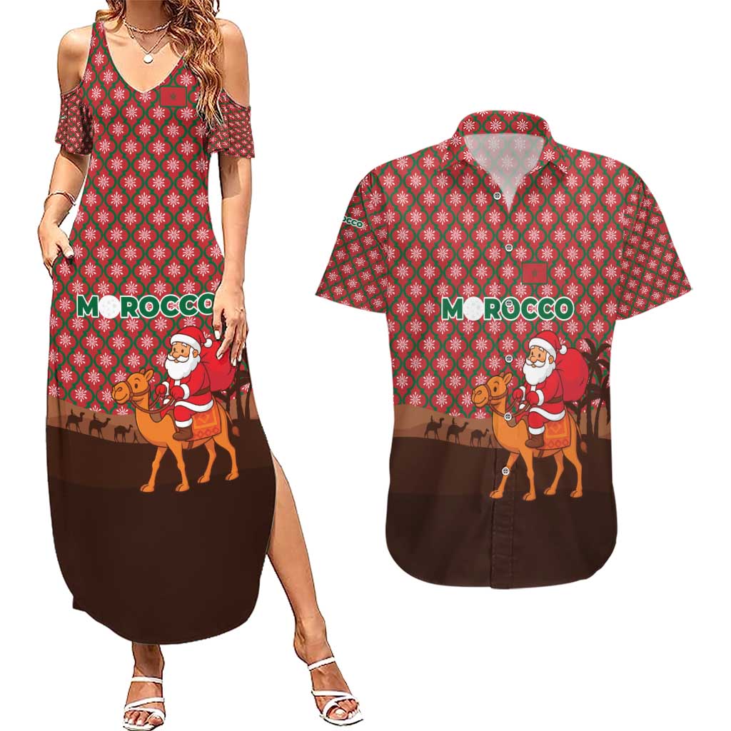 Morocco Christmas Couples Matching Summer Maxi Dress and Hawaiian Shirt with Santa Claus Camel Caravan Desert Scene and Red Pattern Design - Wonder Print Shop