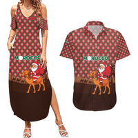 Morocco Christmas Couples Matching Summer Maxi Dress and Hawaiian Shirt with Santa Claus Camel Caravan Desert Scene and Red Pattern Design - Wonder Print Shop
