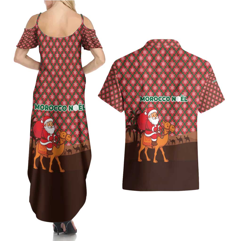 Morocco Christmas Couples Matching Summer Maxi Dress and Hawaiian Shirt with Santa Claus Camel Caravan Desert Scene and Red Pattern Design - Wonder Print Shop