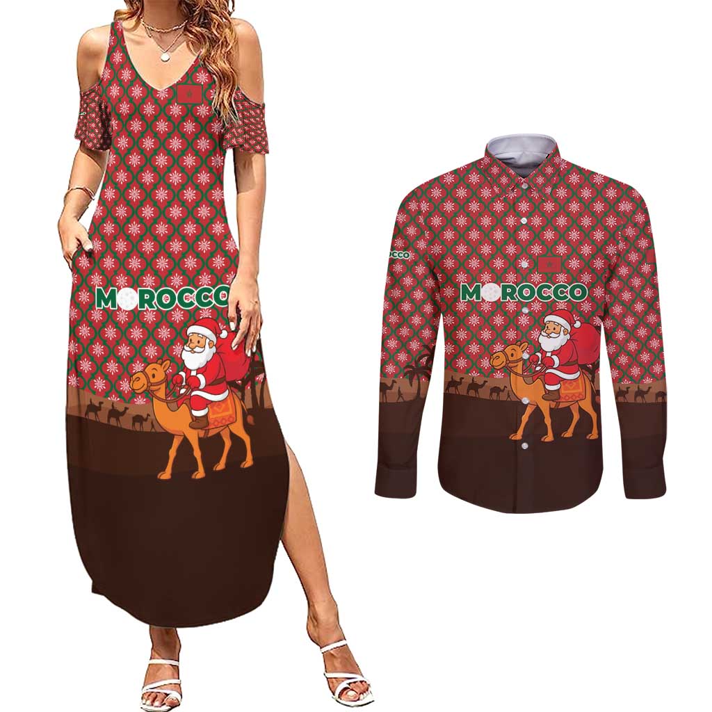 Morocco Christmas Couples Matching Summer Maxi Dress and Long Sleeve Button Shirt with Santa Claus Camel Caravan Desert Scene and Red Pattern Design - Wonder Print Shop