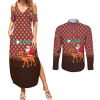 Morocco Christmas Couples Matching Summer Maxi Dress and Long Sleeve Button Shirt with Santa Claus Camel Caravan Desert Scene and Red Pattern Design - Wonder Print Shop