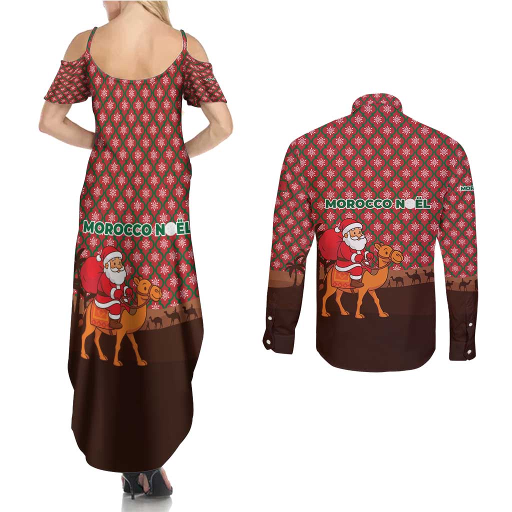 Morocco Christmas Couples Matching Summer Maxi Dress and Long Sleeve Button Shirt with Santa Claus Camel Caravan Desert Scene and Red Pattern Design - Wonder Print Shop