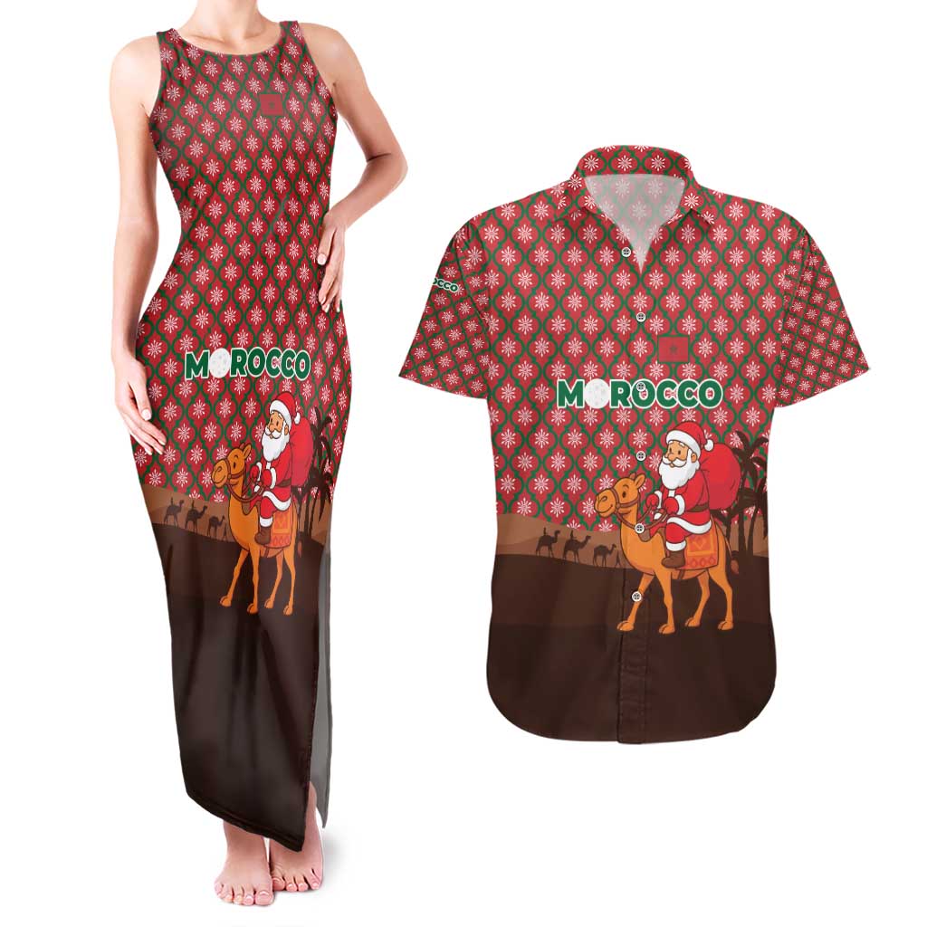Morocco Christmas Couples Matching Tank Maxi Dress and Hawaiian Shirt with Santa Claus Camel Caravan Desert Scene and Red Pattern Design - Wonder Print Shop