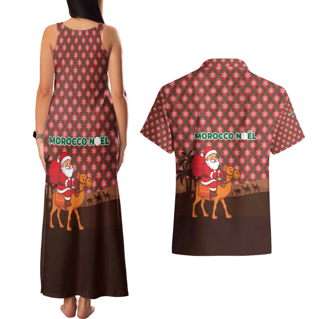 Morocco Christmas Couples Matching Tank Maxi Dress and Hawaiian Shirt with Santa Claus Camel Caravan Desert Scene and Red Pattern Design - Wonder Print Shop