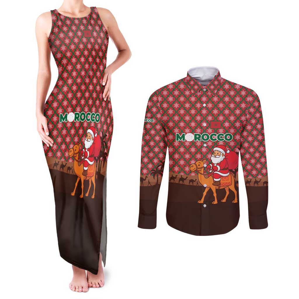 Morocco Christmas Couples Matching Tank Maxi Dress and Long Sleeve Button Shirt with Santa Claus Camel Caravan Desert Scene and Red Pattern Design - Wonder Print Shop