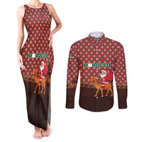 Morocco Christmas Couples Matching Tank Maxi Dress and Long Sleeve Button Shirt with Santa Claus Camel Caravan Desert Scene and Red Pattern Design - Wonder Print Shop