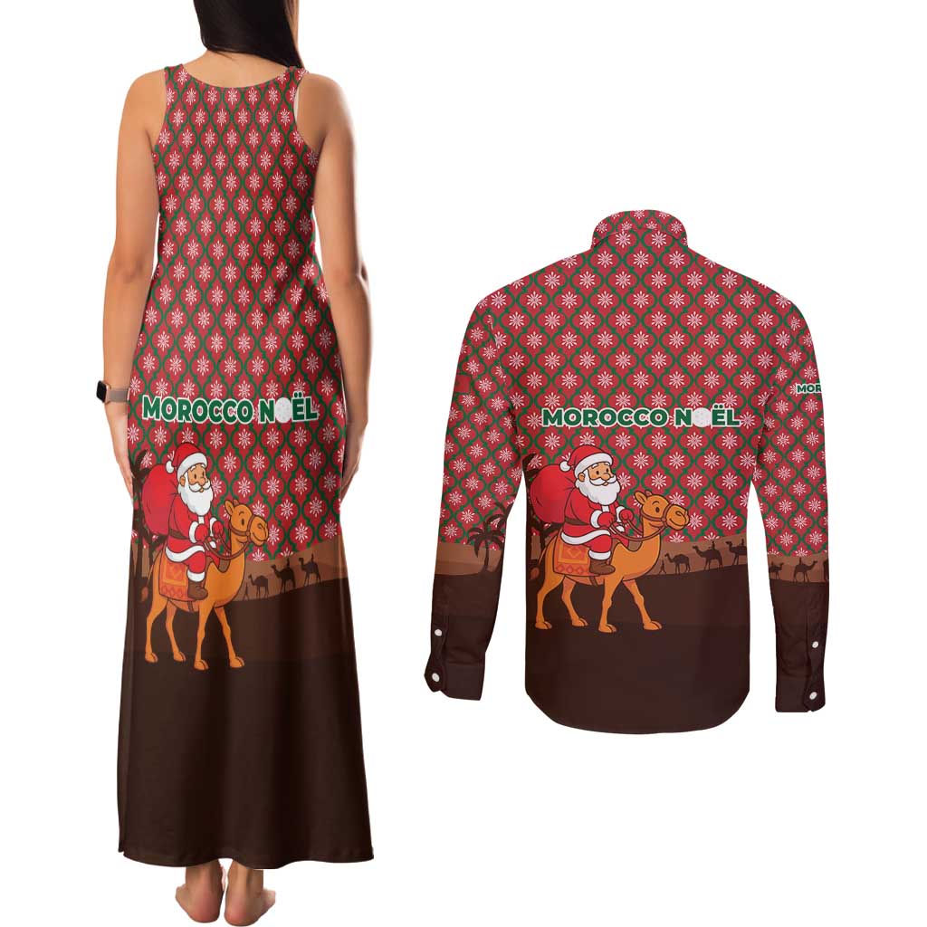 Morocco Christmas Couples Matching Tank Maxi Dress and Long Sleeve Button Shirt with Santa Claus Camel Caravan Desert Scene and Red Pattern Design - Wonder Print Shop