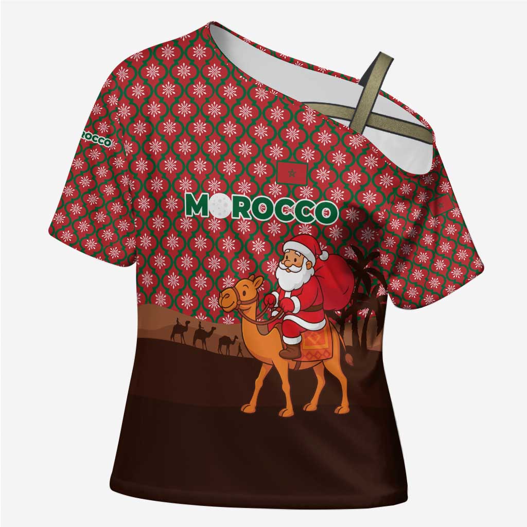 Morocco Christmas Cross Shoulder Shirt with Santa Claus Camel Caravan Desert Scene and Red Pattern Design - Wonder Print Shop