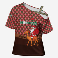 Morocco Christmas Cross Shoulder Shirt with Santa Claus Camel Caravan Desert Scene and Red Pattern Design - Wonder Print Shop