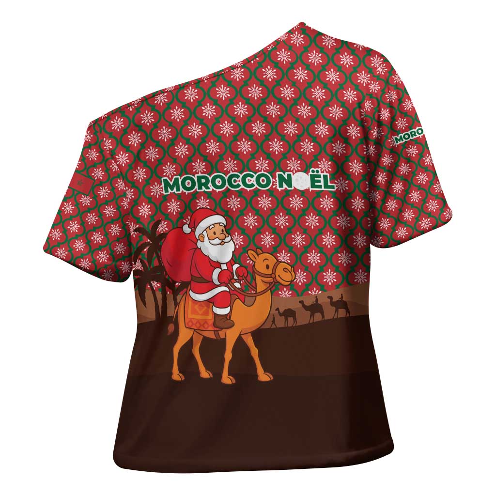 Morocco Christmas Cross Shoulder Shirt with Santa Claus Camel Caravan Desert Scene and Red Pattern Design - Wonder Print Shop