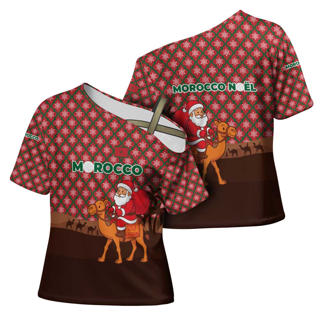 Morocco Christmas Cross Shoulder Shirt with Santa Claus Camel Caravan Desert Scene and Red Pattern Design - Wonder Print Shop